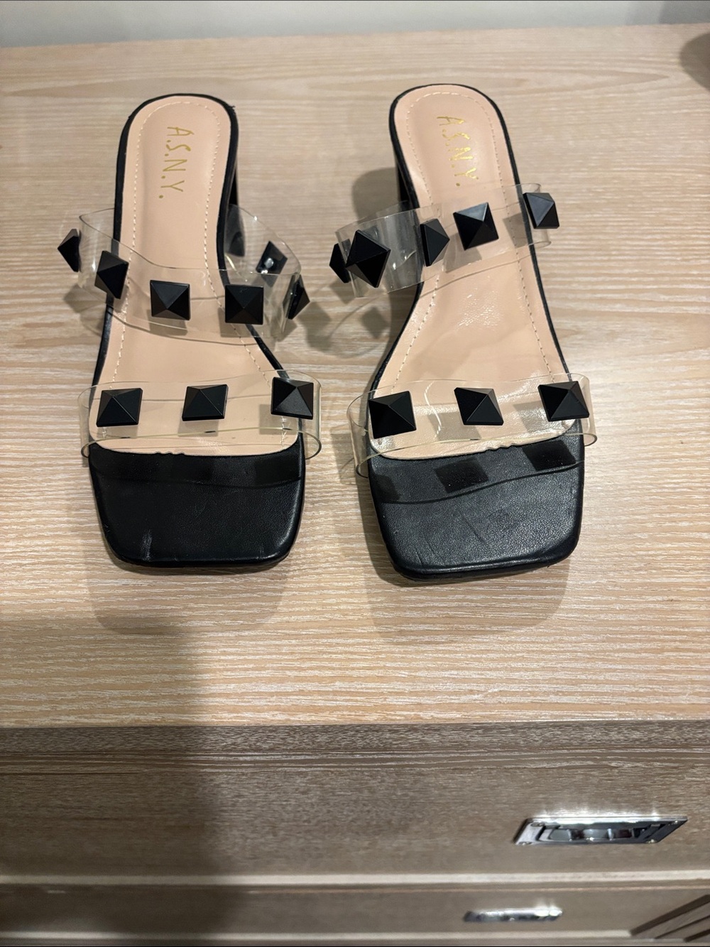 Black Studded Clear Strap Slide Sandals never worn
